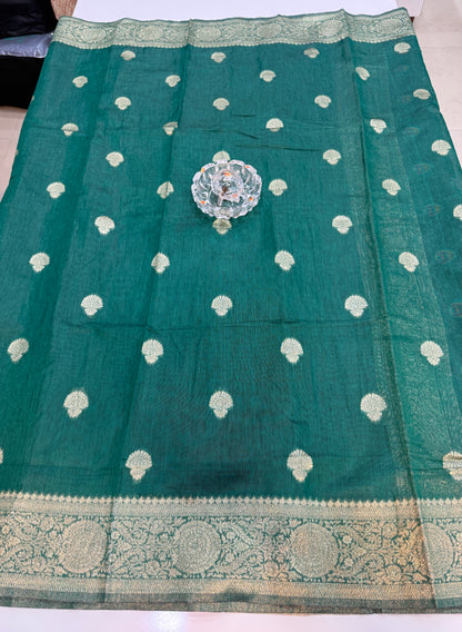 Modal silk saree with woven buttas and peacock pallu for women