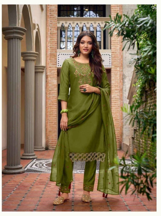 Milan Silk Handworked Kurta Pant Dupatta Set with Embroidered Organza Dupatta – Sizes M to XXL