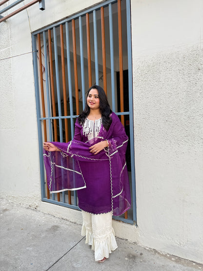 Purple Real Silk Mirror Embroidered Kurta Palazzo Dupatta Set for Women – Festive and Party Wear Designer Outfit (XL)