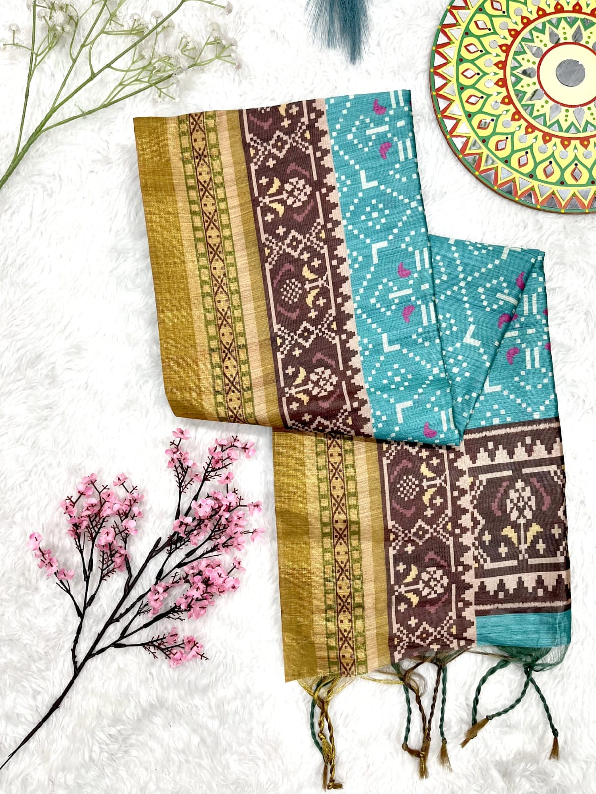 Soft Raw Silk Ikat Print Saree with Tassel Border and Contrast Blouse Piece