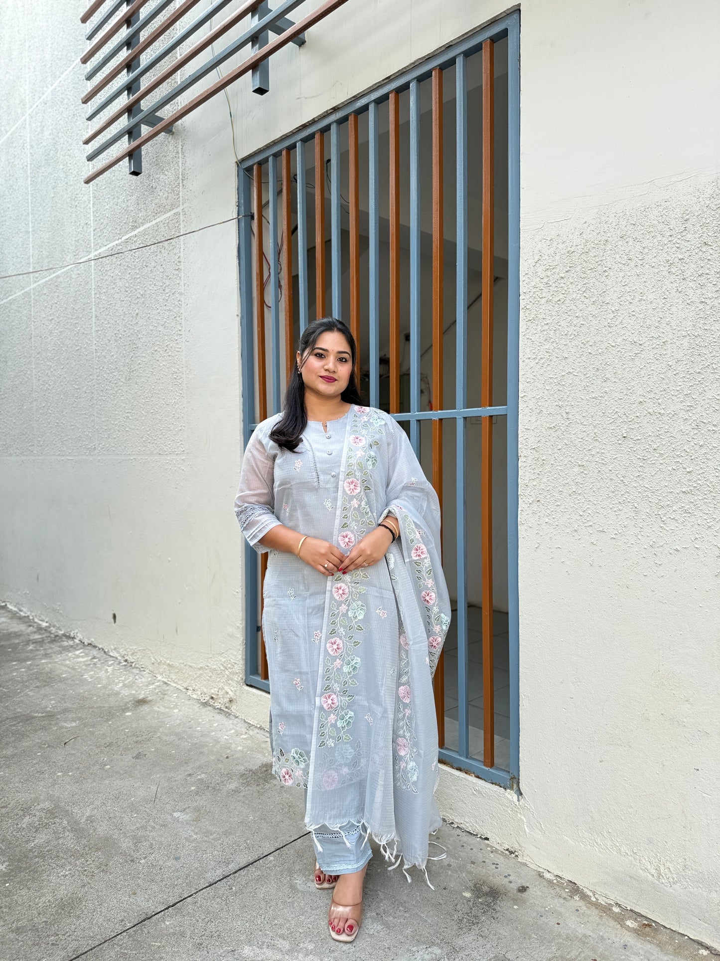 Kota Doria Embroidered Suit Set with Dupatta for Women – Light Grey, Kurta Pant Dupatta