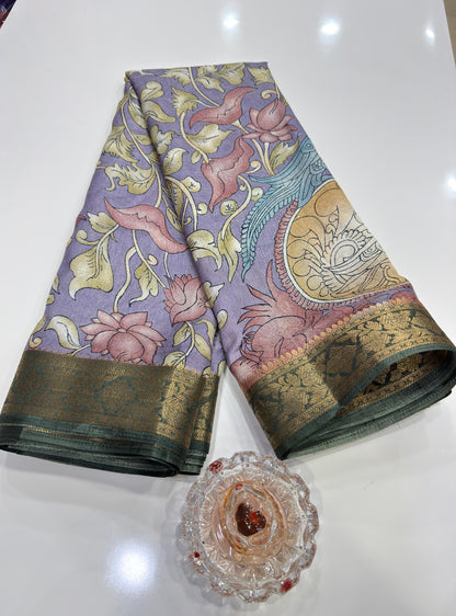 Silk blend printed saree with floral and bird motifs, zari border, women’s festive wear saree