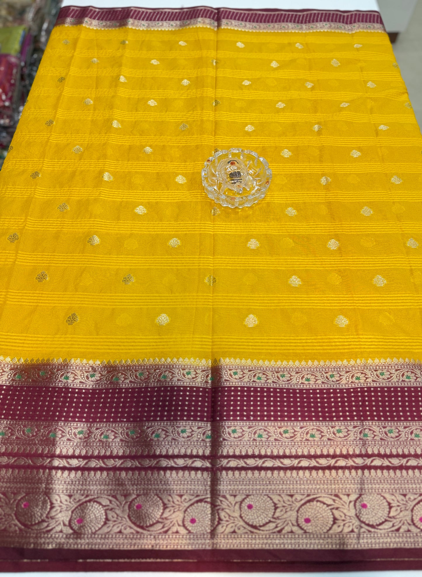 Banarasi semi georgette silk saree with gold zari weaving, meenakari big border and buti design for women