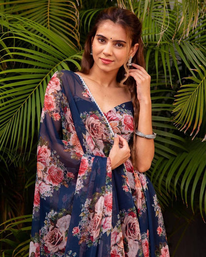 Georgette Morning Glory Anarkali Set for Women with Corset Lace Dupatta – Sizes L to XXL