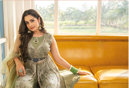 Nyra Cut Crochet Georgette Kurti Set with Jaam Silk Pant, Net Dupatta and Handwork Belt – Sizes L, XL