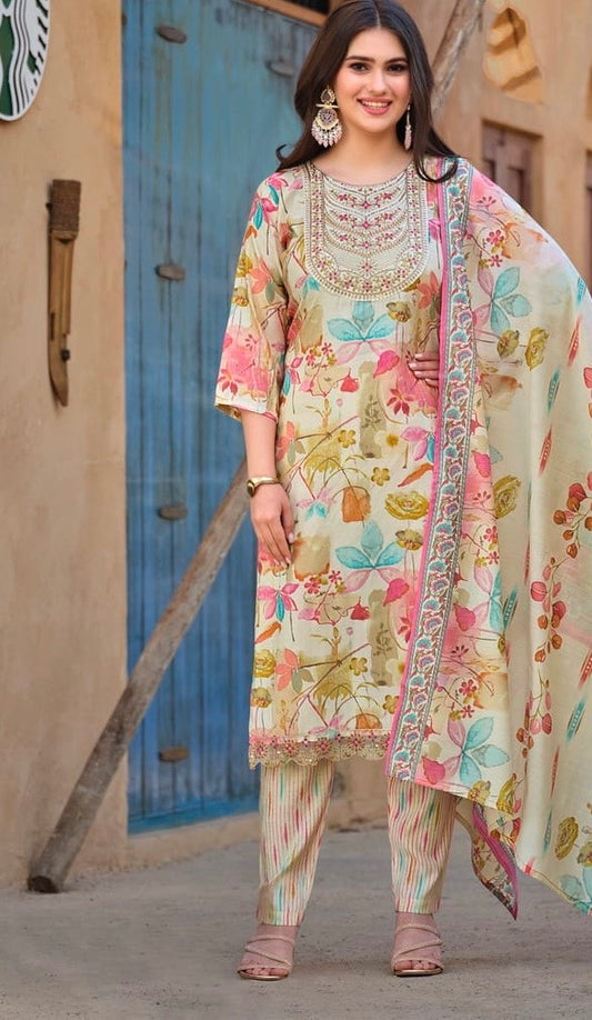 Women’s Plus Size Muslin Printed Kurta Pant Dupatta Set – 3XL, 4XL, 6XL