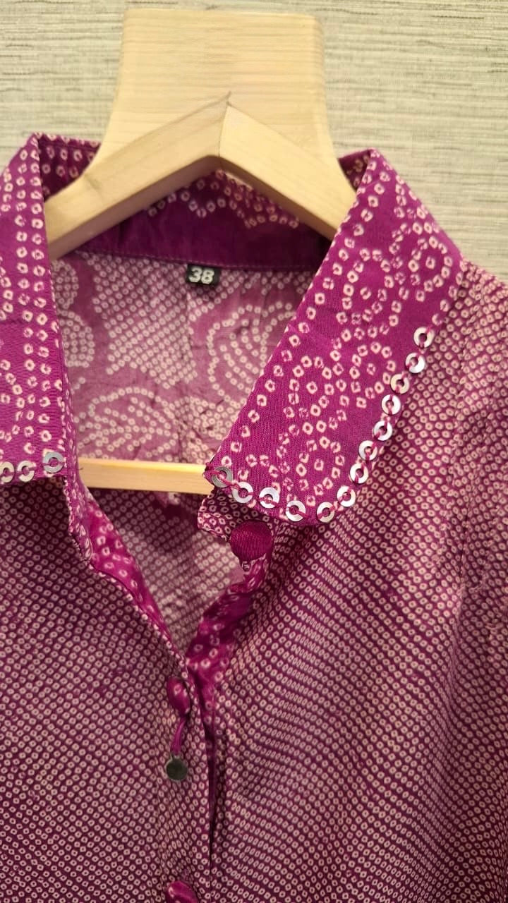 Crepe Bandhani Printed Top with Pintuck Detailing and Metal Buttons for Women