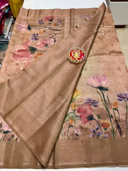 Bamboo Silk Saree with Chex Texture and Rich Pallu – Digital Floral Print Saree for Women