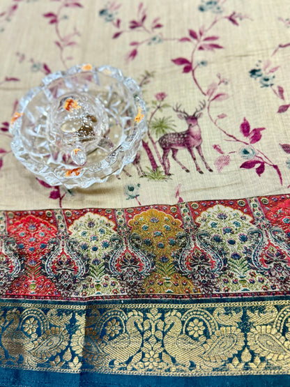 Chennuri silk style printed saree with traditional artwork border and unstitched blouse fabric for women