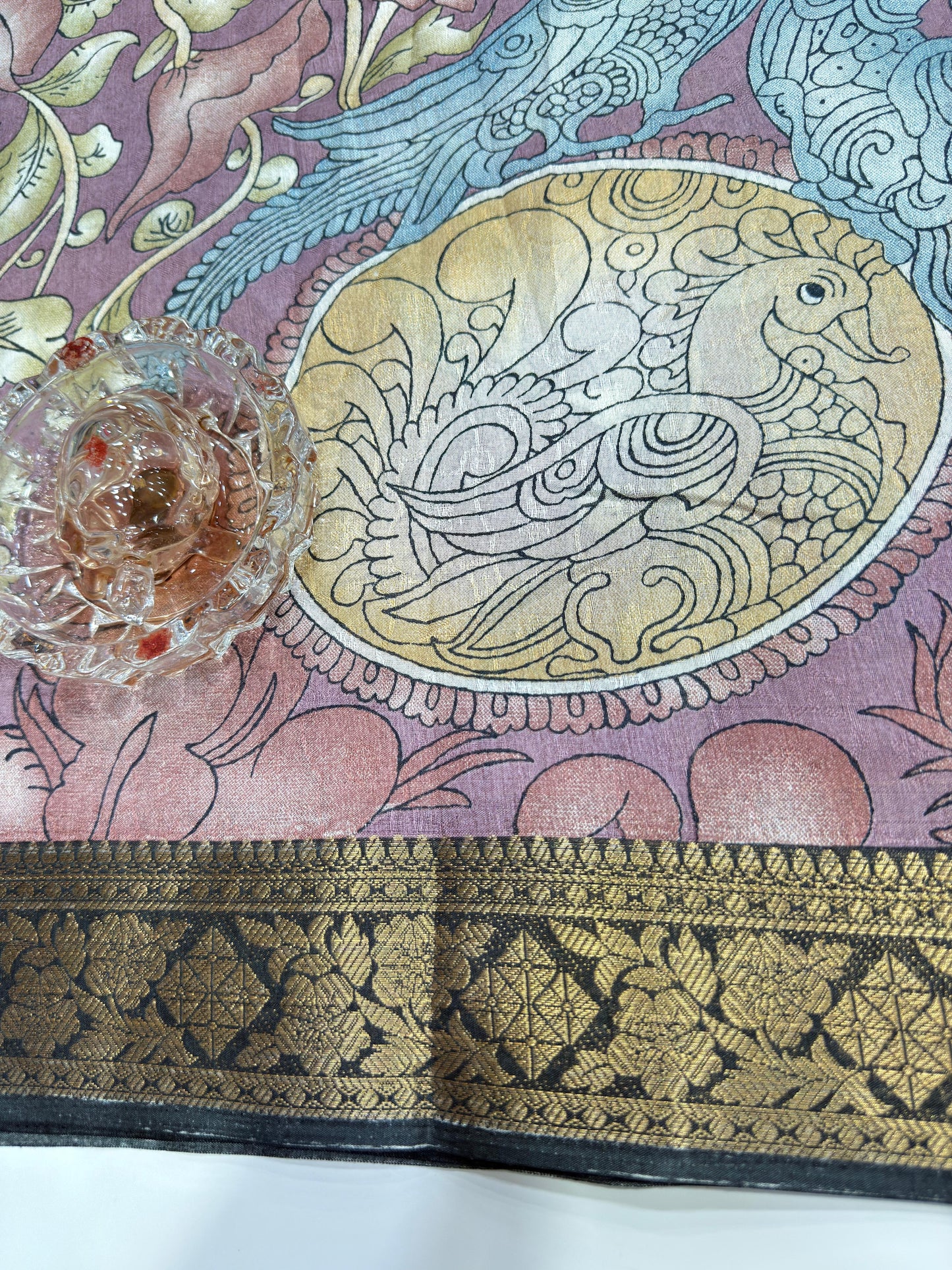 Silk blend printed saree with floral and bird motifs, zari border, women’s festive wear saree