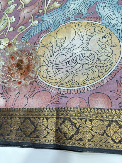 Silk blend printed saree with floral and bird motifs, zari border, women’s festive wear saree