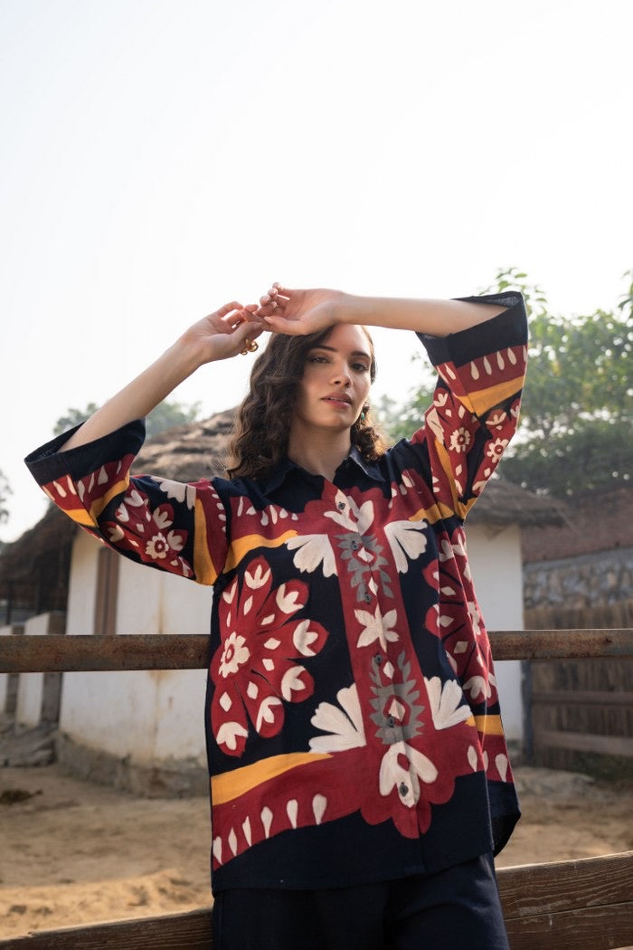 Cotton Poplin Oversized Co-Ord Set with Hand Brush Painted Design – Artistic Casual Wear for Women (Sizes 38 to 44)