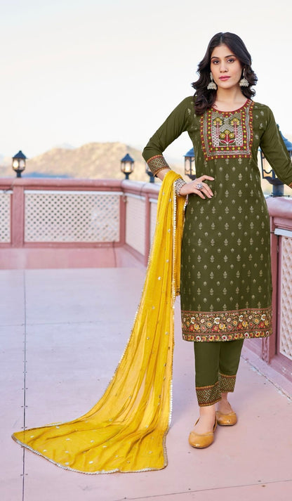 Rayon Foil Print Kurta Pant Dupatta Set with Naznin Dupatta and Lace Work for Women – Sizes XL and XXL