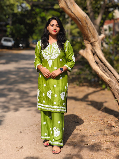 Green Lucknowi Chikankari Embroidered Cotton Top Bottom Set for Women – Handcrafted Ethnic Wear