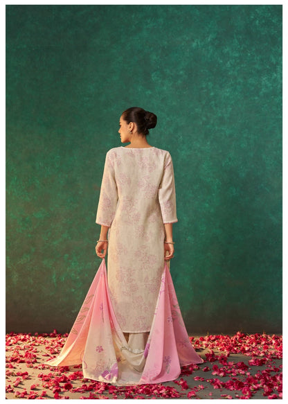 Linen Kurta Pant Dupatta Set with Embroidery and Scalloped Detailing for Women