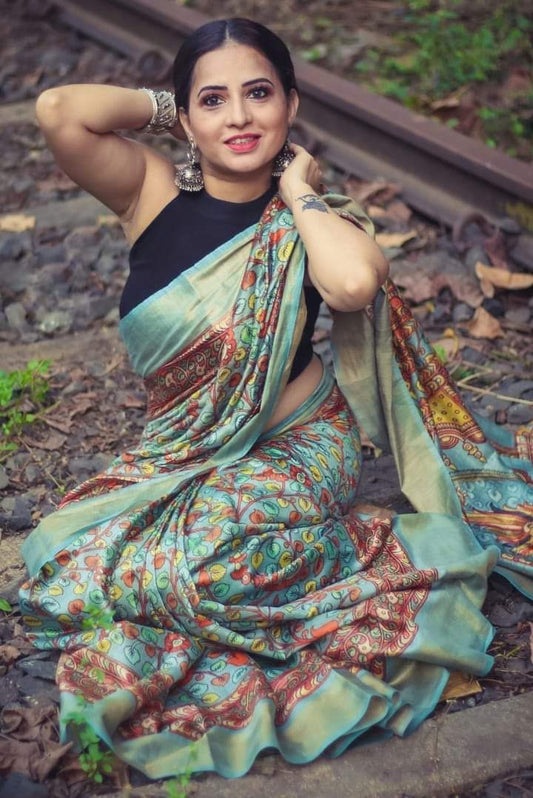 Pure Tussar Munga Silk Saree with Hand-Painted Kalamkari – Silkmark Certified