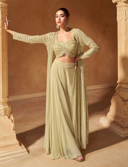 Real Georgette 3-Piece Embroidered Ethnic Set with Front and Back Detailing – Free Size Stitched for Women