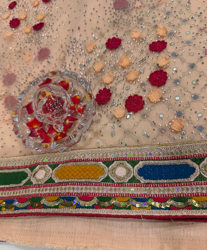 Peach Sequin Embroidered Saree for Women – Fancy Designer Fabric with Multicolour Border and 3D Floral Work