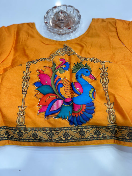 Silk printed readymade blouse for women with antique handcrafted work, size 38–42, short sleeve, saree blouse