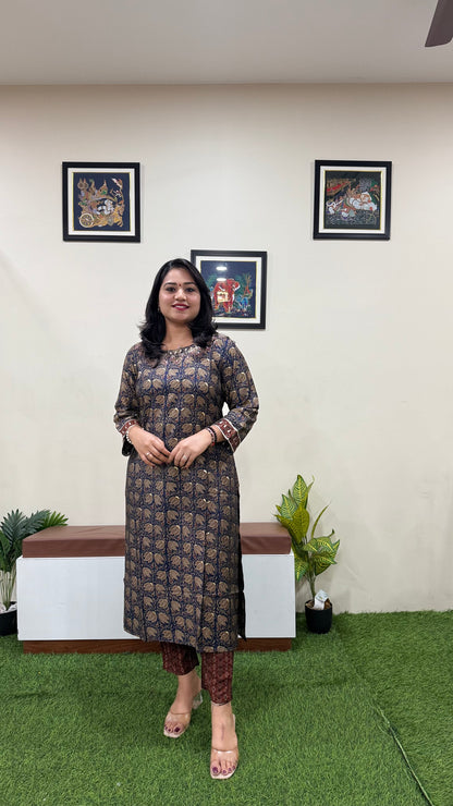 Pure Muslin Kurti Pant Set for Women with Golden Print | Elegant Daily & Festive Wear