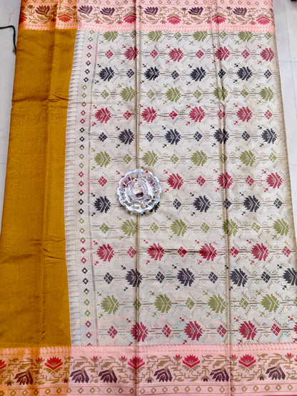 Semi Raw Silk Saree with Temple Border and Blouse – Handwoven Style Festive Wear
