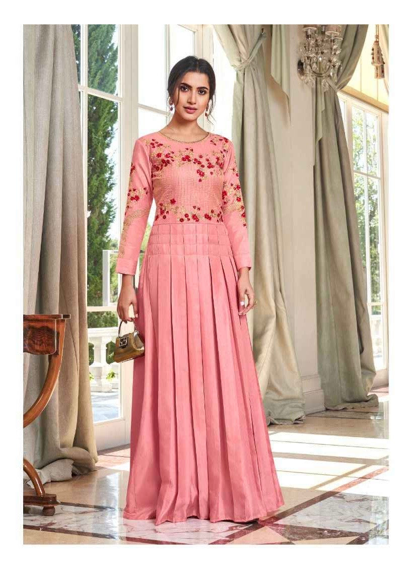 Muslin Silk Embroidered Gown for Women with Handwork and Malai Crepe Inner – 56+ Inch Length