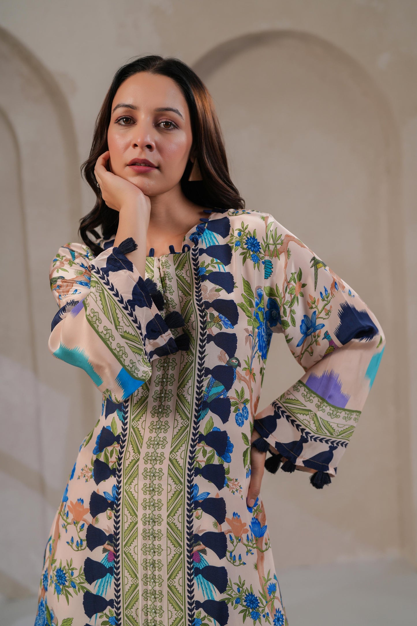 Digital Print Crepe Kurta Pant Set for Women with Tassel Detailing and Shantoon Bottom