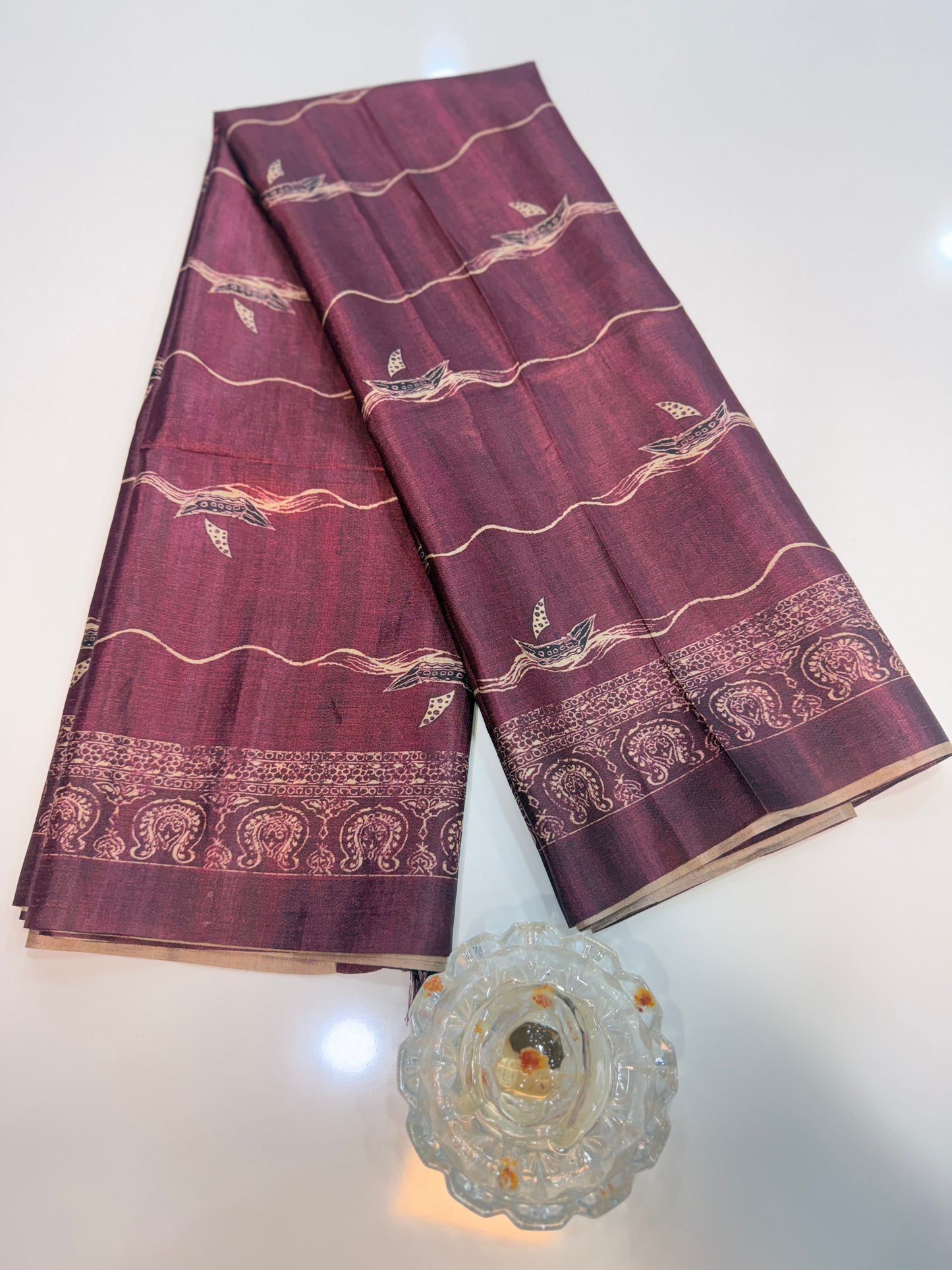 Semi Tussar Silk Saree with Ethnic Print Border and Tassel Pallu, Sea & Ships Print