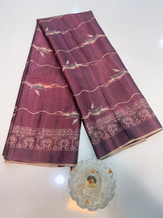 Semi Tussar Silk Saree with Ethnic Print Border and Tassel Pallu, Sea & Ships Print
