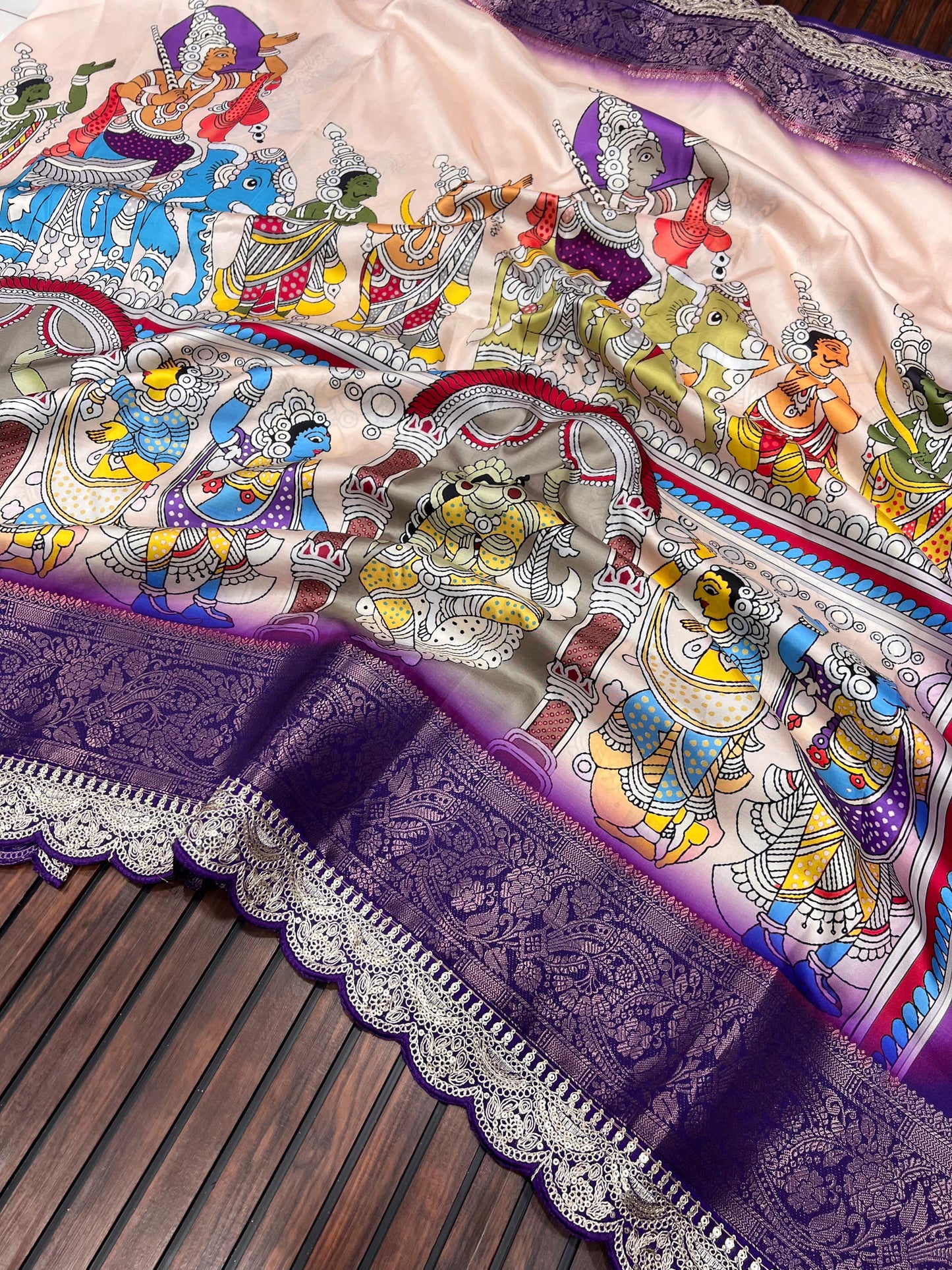 Dola Lichi Soft Silk Saree with Jacquard Jari Weaving, Pichwai Kalamkari Print and Sequins Lace Border