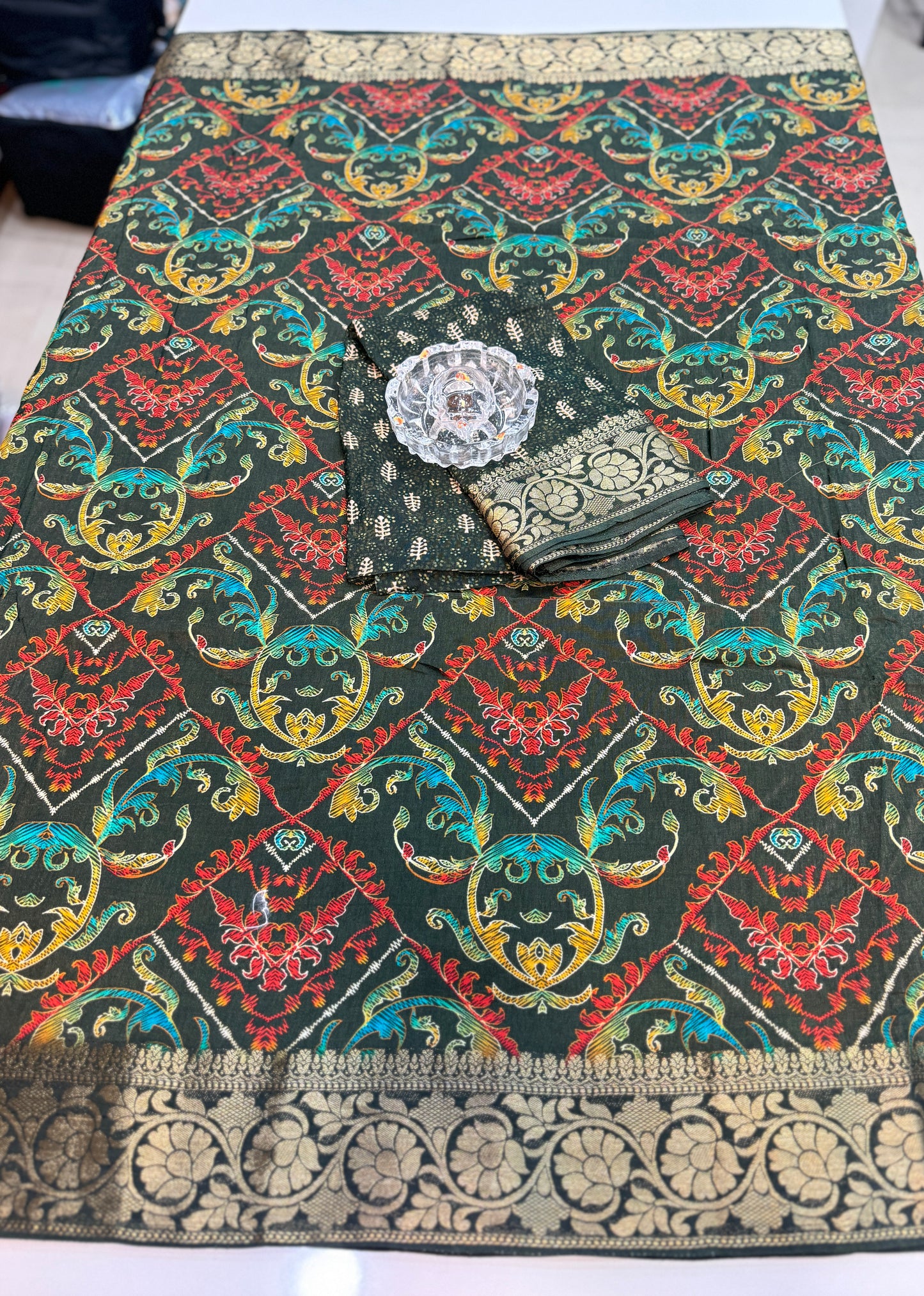 Pure Viscose Crepe silk saree with digital floral print and woven zari border for women