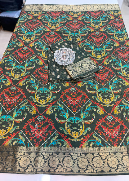 Pure Viscose Crepe silk saree with digital floral print and woven zari border for women