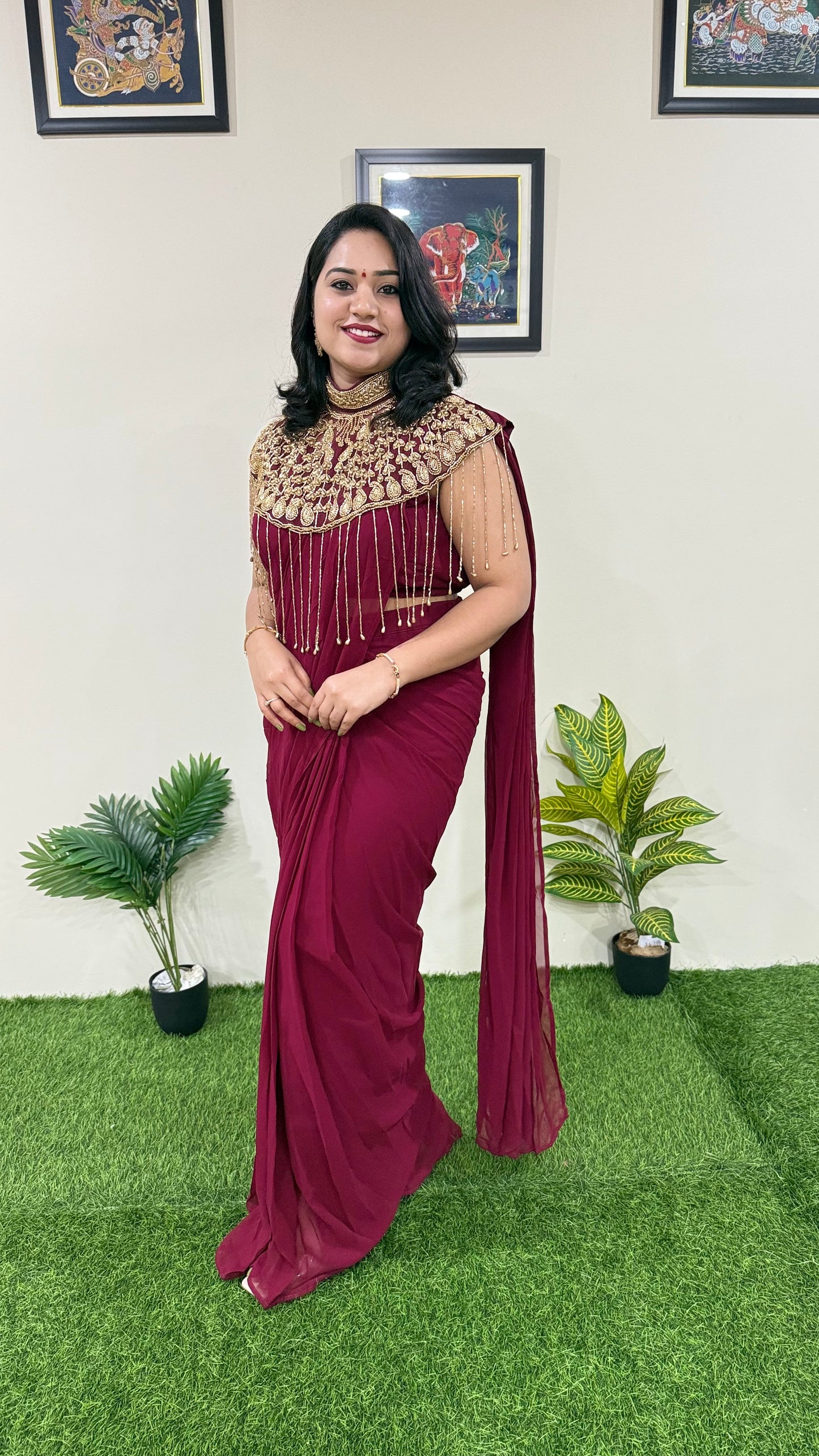 Pre-Draped Georgette Saree with Stitched Crop Top and Hand-Embroidered Cape – Ready-to-Wear Set for Women