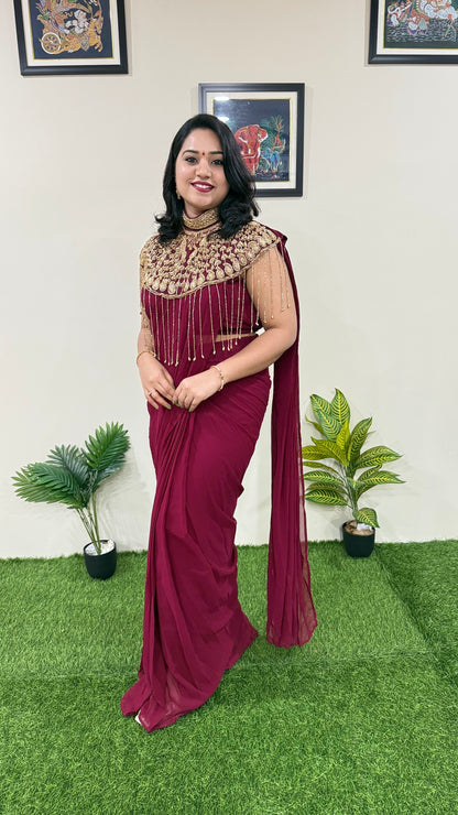 Pre-Draped Georgette Saree with Stitched Crop Top and Hand-Embroidered Cape – Ready-to-Wear Set for Women