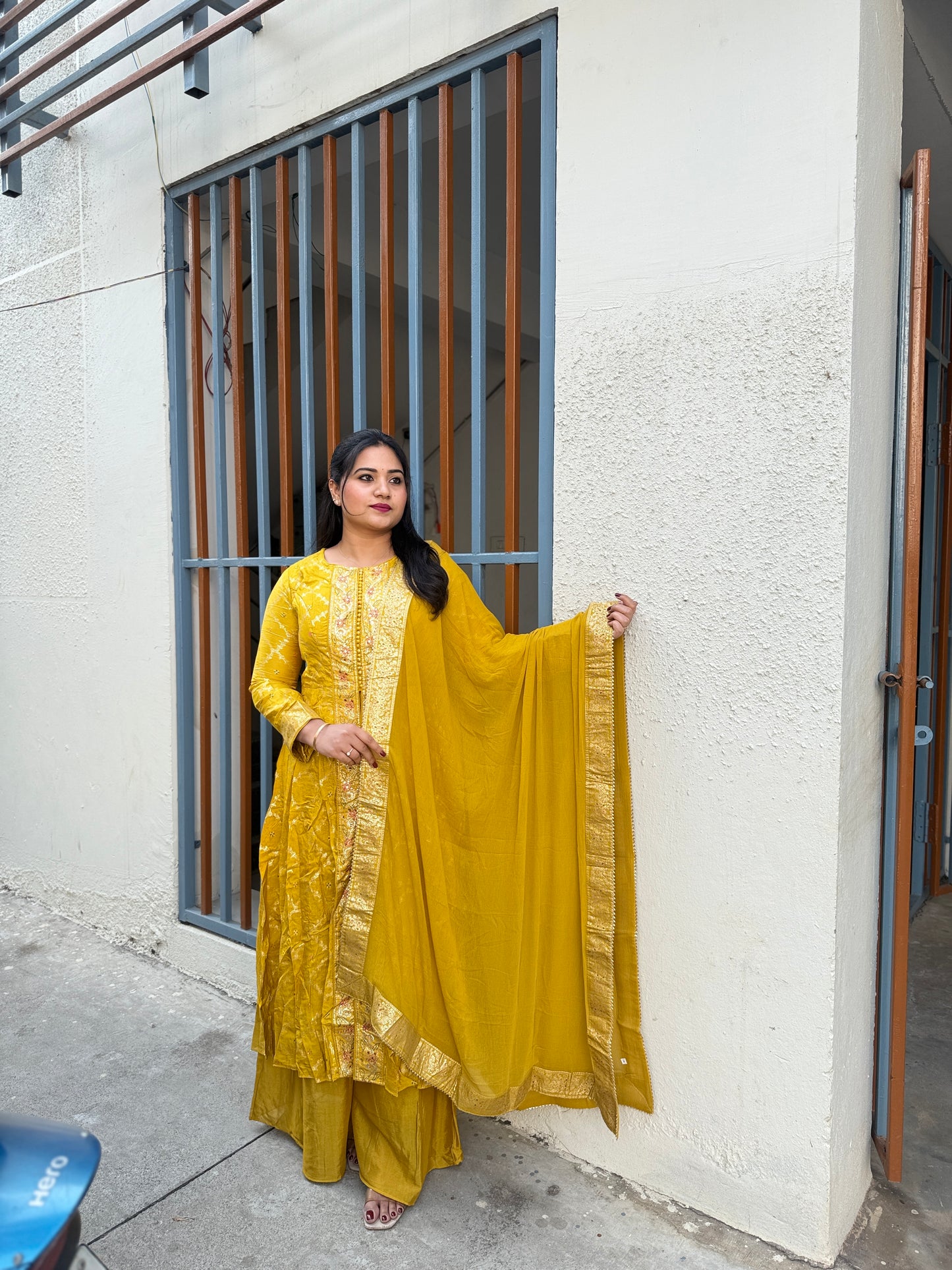 Viscose jacquard silk anarkali suit set with hand embellishment and georgette dupatta – free size stitched