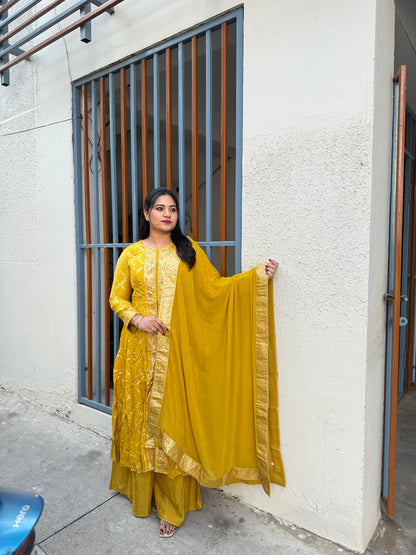 Viscose jacquard silk anarkali suit set with hand embellishment and georgette dupatta – free size stitched