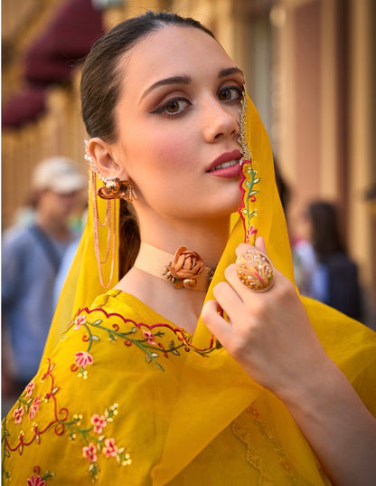 Women’s Self-Jacquard Silk 3-Piece Suit Set with Afghani Bottom and Organza Dupatta – XXL & 3XL