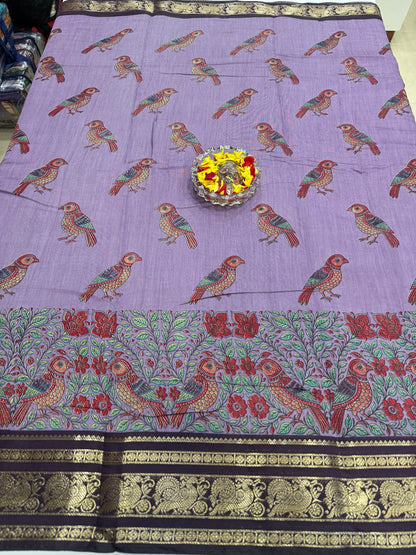 Venkatagiri style silk-blend printed saree with bird motifs and zari-style border, 6.3m women’s festive saree