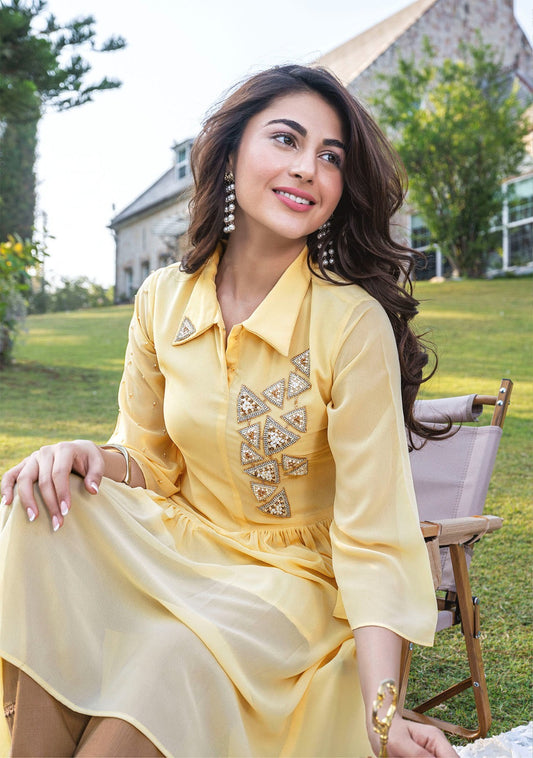 Georgette Designer Kurti Pant Set for Women with Handwork and Cotton Lycra Bottom