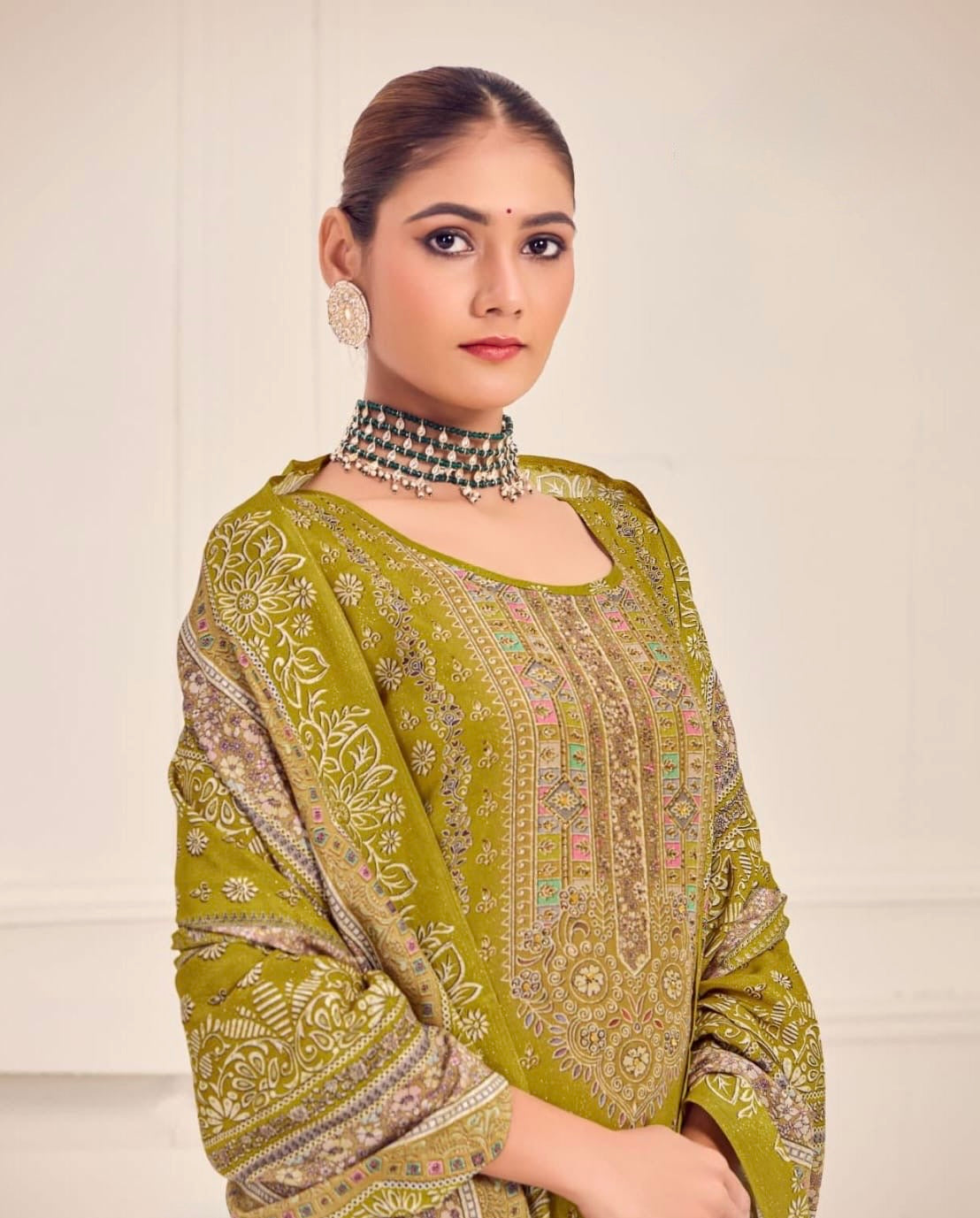 Women’s muslin kurta pant dupatta set with digital print, aari and Swarovski work – sizes L to 3XL