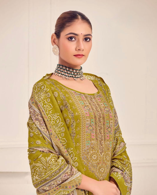 Women’s muslin kurta pant dupatta set with digital print, aari and Swarovski work – sizes L to 3XL