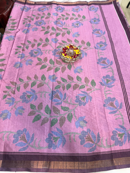Raw tussar silk saree with smart floral design and soft marmo finish, printed border saree