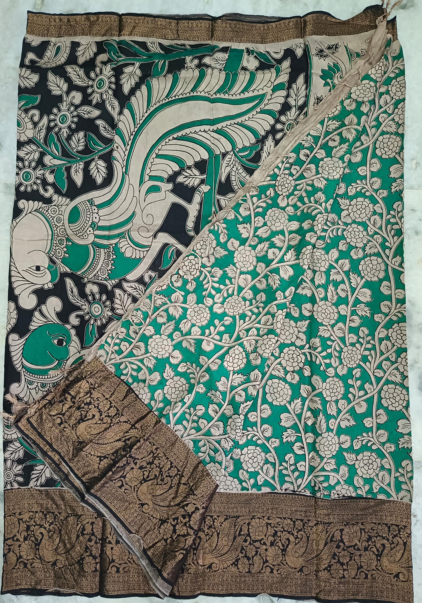 Handloom Nellore Silk Saree for Women – Kalamkari Print with Kanchi Border and Blouse Piece