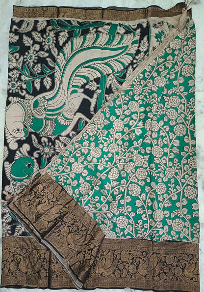 Handloom Nellore Silk Saree for Women – Kalamkari Print with Kanchi Border and Blouse Piece