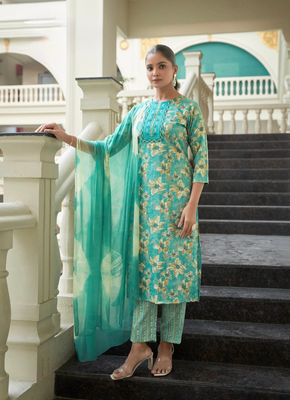 Bamboo Fabric Dobby Foil Print Straight Cut Kurta Pant Dupatta Set with Embroidery – Sizes XL to 3XL