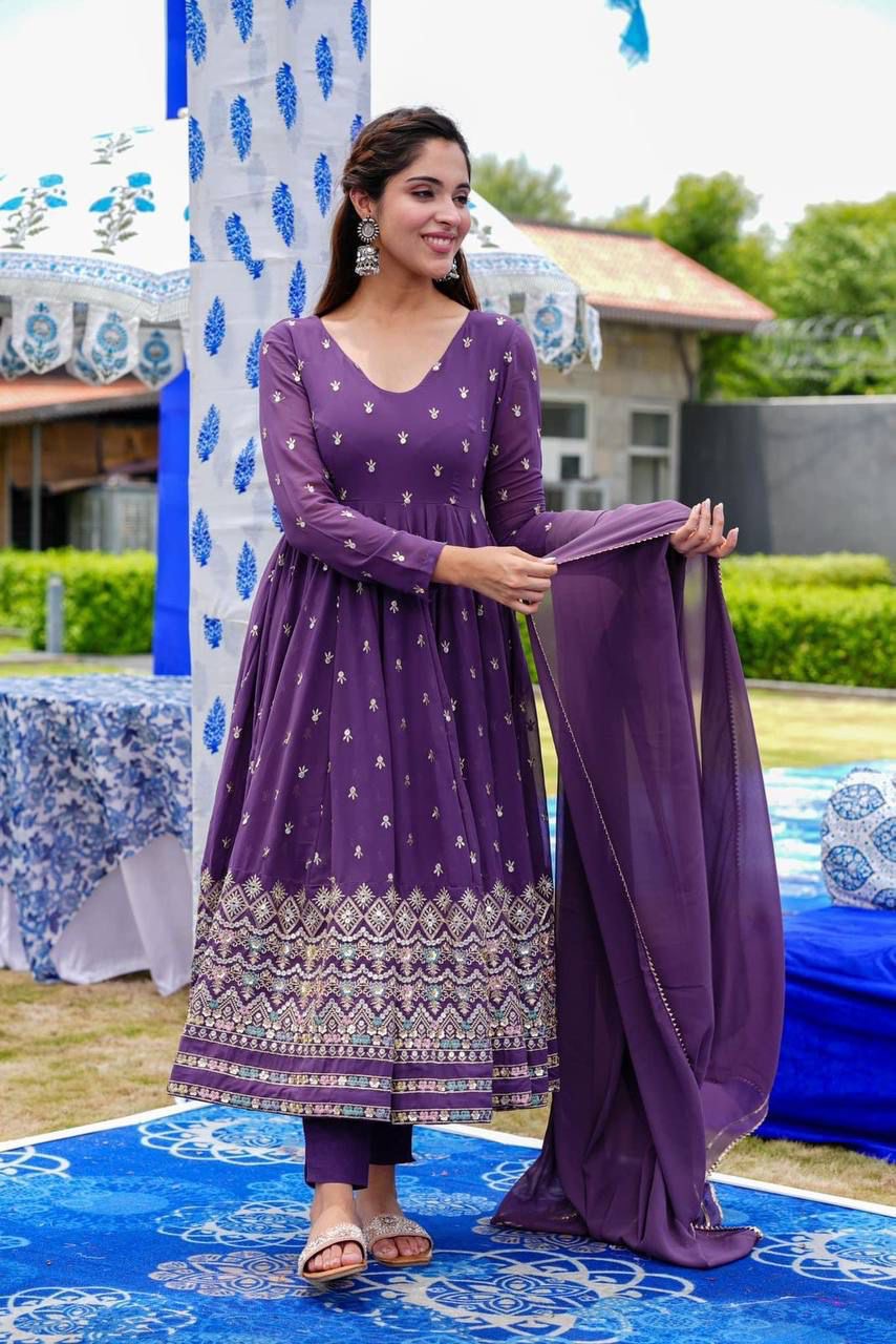 Purple Faux Georgette Embroidered Suit Set for Women with Lining – Sizes 42 and 44 Available