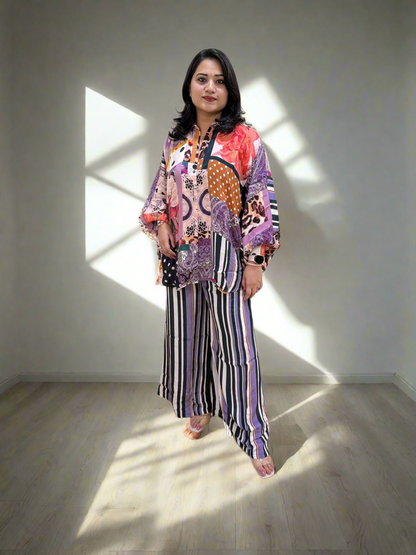 Viscose Crepe Digitally Printed Top with Matte Satin Digitally Printed Bottom – Women’s Fusion Wear Set (L to 2XL)