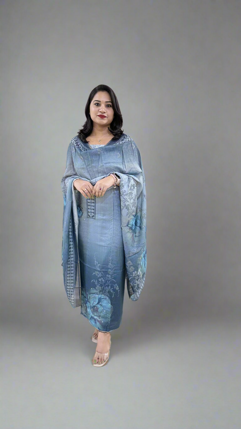 Unstitched Viscose Muslin Shimmer Dress Material with Digital Print, Aari Sequins Mirror Work and Dupatta