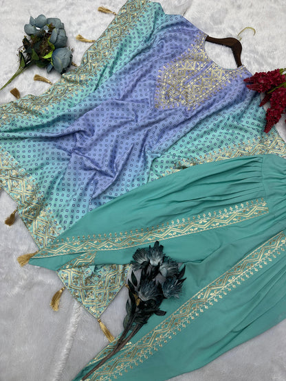 Pure Chinon Silk Embroidered Kaftan with Butter Silk Dhoti Set for Women