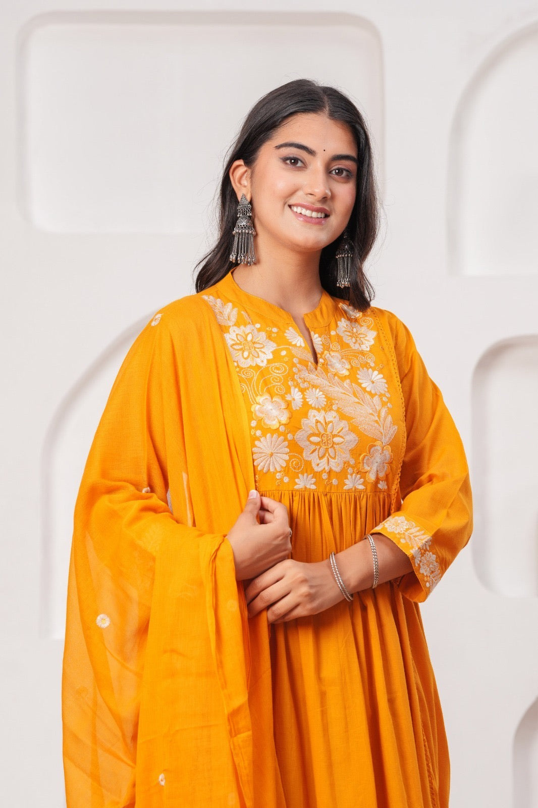 Cotton Mul Kurta Set with Hanging Embroidery Yoke, Cotton Pant and Motif Embroidered Dupatta